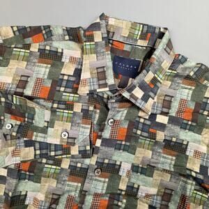 Calder Carmel Patchwork Button Up Shirt Men’s L Earth Tones Artsy